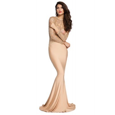 'Aalaida' beige Pailletten Abendkleid mit offenem Rücken